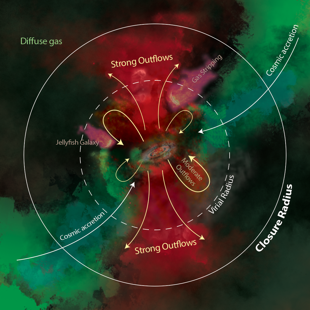 Schematic of the baryon cycle around a galaxy: cosmic accretion feeds the halo, feedback drives strong and moderate outflows, and ram pressure strips satellite galaxies, with the virial radius and the closure radius marked